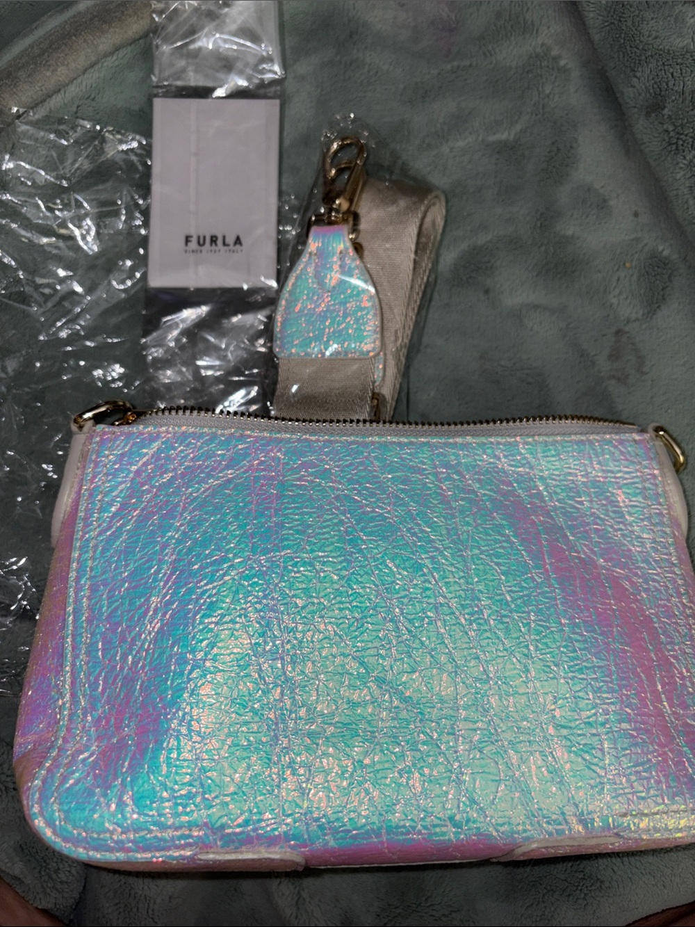 NWT FULL INCLUSION Furla Iridescent Crossbody Bag in Pink and Blue Shift - Picture 7 of 7